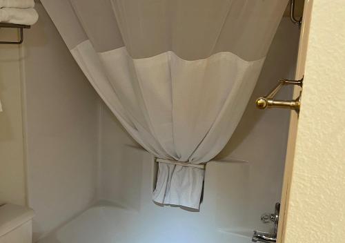 cortina de ducha blanca en el baño con lavamanos en Ballparks Inn, en Branson