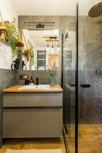 a bathroom with a sink and a shower at Domki Mazurska Dolina in Mikołajki