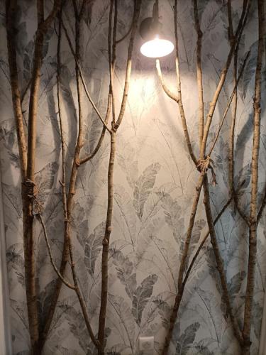 a room with a wall with trees and a light at Le Moulin de Benneville chambres d'hôtes, petit déjeuner compris in Cahagnes