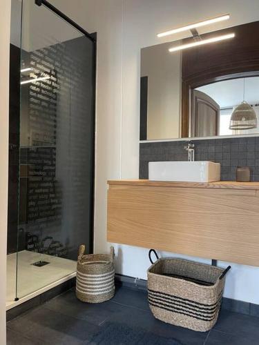 une salle de bain avec un lavabo et un miroir dans l'établissement Hôtel particulier Champenois, à Châlons-en-Champagne