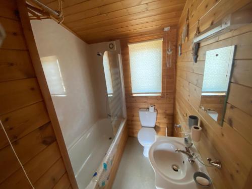 a bathroom with a toilet and a sink and a tub at Surf Lodge in West Down