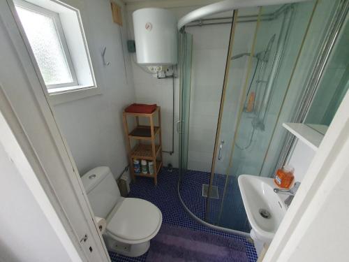 a bathroom with a shower and a toilet and a sink at Mysig lägenhet för resande in Stocka