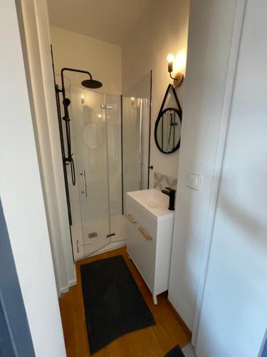 a bathroom with a shower and a sink at Villa Artiz in Dunkerque