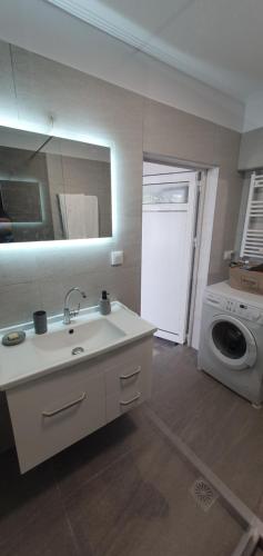 a bathroom with a sink and a washing machine at Aeropis Villa, Chania in Chania