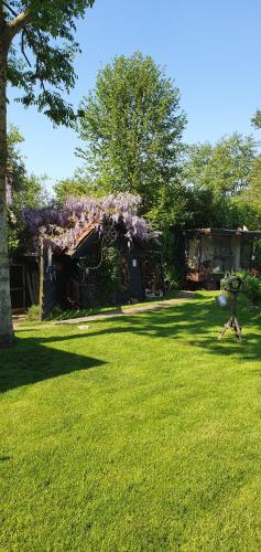 a yard with a house with purple flowers on it at Bed & breakfast FF rust in Kockengen