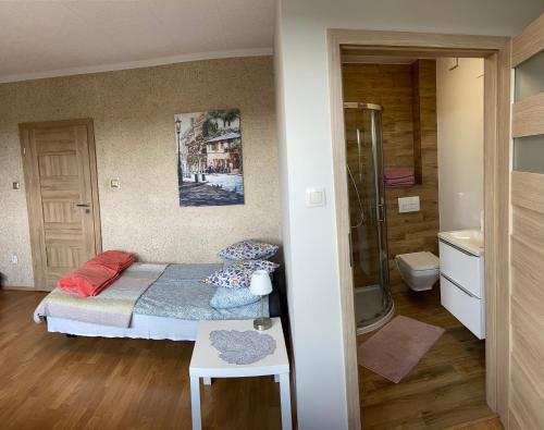um pequeno quarto com uma cama e uma casa de banho em Mira - Mira pokoje z widokiem na jezioro em Chmielno