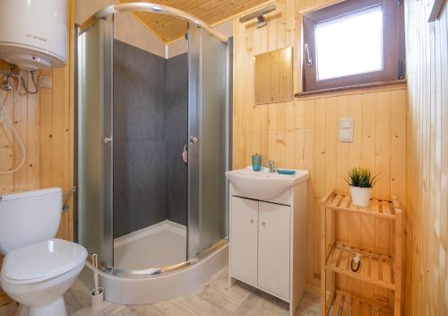 a bathroom with a shower and a toilet and a sink at Domki pod wzgórzem in Kopań