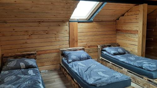 two beds in a room with wooden walls at Enklawa w Porębie in Długopole-Zdrój