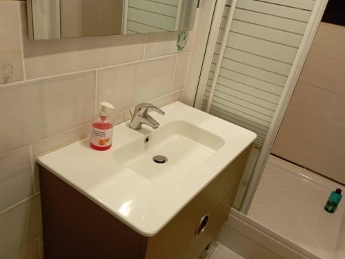 - un lavabo dans la salle de bains avec une bouteille de savon dans l'établissement APPARTEMENT 2 CHAMBRES A POINTE A PITRE, à Pointe-à-Pitre