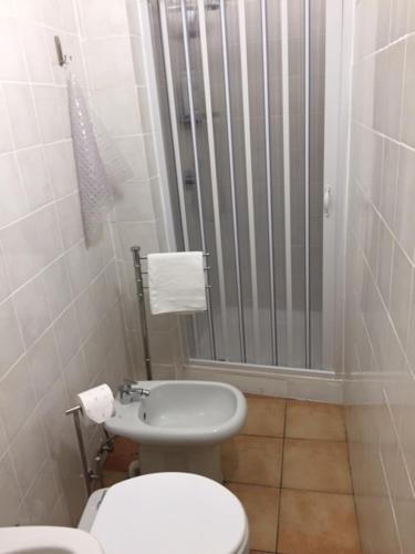 een badkamer met een douche, een toilet en een wastafel bij Appartamentino in Piazza in Trevignano Romano