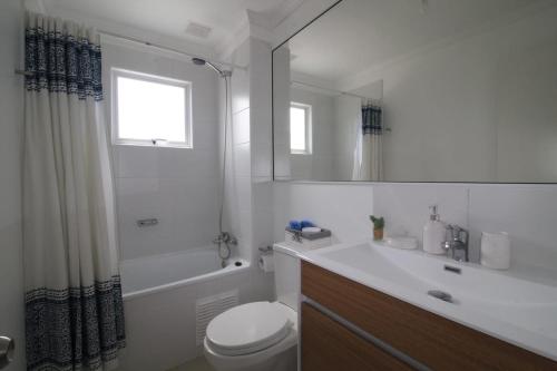 a bathroom with a toilet and a sink and a mirror at Casa Pucón in Pucón