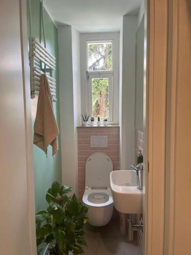 a bathroom with a toilet and a sink and a window at Ale e Nino in Chieti