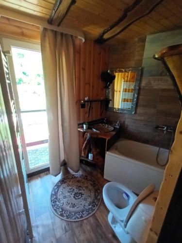 La salle de bains est pourvue d'une baignoire et d'un lavabo. dans l'établissement Cabana Micutu, à Sebeş