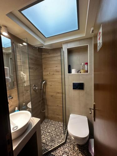 a bathroom with a toilet and a sink and a shower at Apartment GM in Neoi Epivates