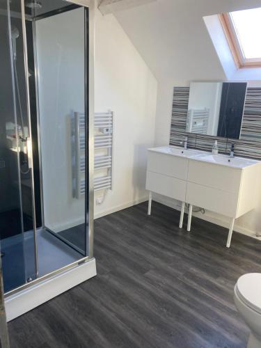 une salle de bain avec une douche, un lavabo et des toilettes dans l'établissement T3 sur fermette avec les animaux, à Lusigny