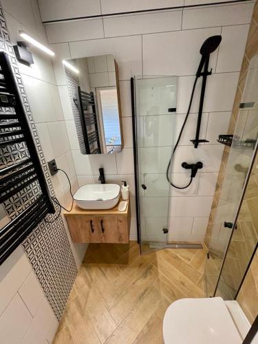a bathroom with a shower and a sink and a toilet at Sunmare in Sarbinowo