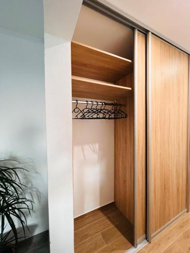 a room with a wooden door and a plant at Sparrow apartmens 3 in Košice