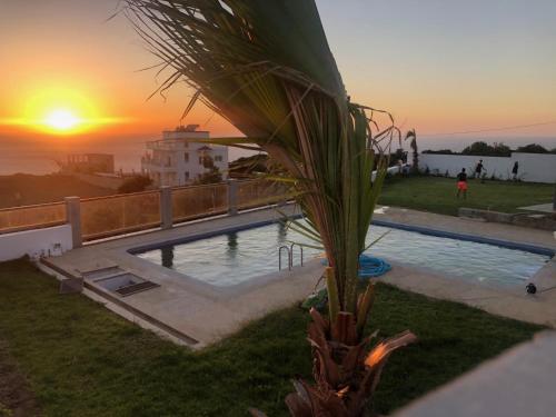 a palm tree next to a swimming pool with a sunset at Villa Le Pacha Assilah - Appartement in Asilah