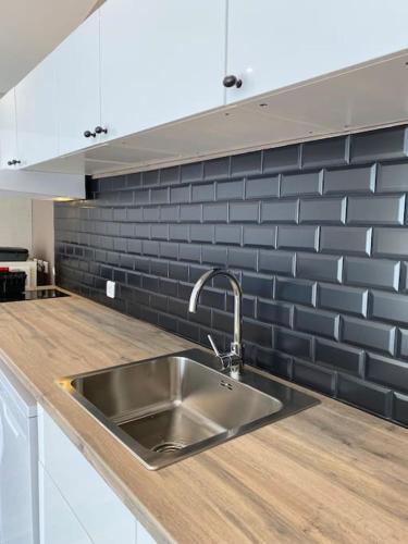 - une cuisine avec un évier en acier inoxydable et du carrelage noir dans l'établissement Logement moderne, dans mon jardin, près de Paris et stade de France avec place de stationnement, à Sannois