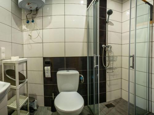 a bathroom with a toilet and a glass shower at Cozy family cottages, not far from the sandy beach, in a quiet location, Gaski in Gąski