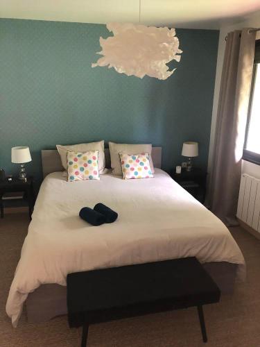um quarto com uma grande cama branca e 2 almofadas em Le VIEUX CHAI em Souzay-Champigny