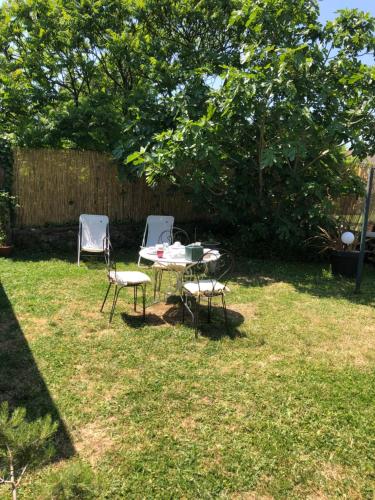 a table and two chairs in a yard at Le VIEUX CHAI in Souzay-Champigny