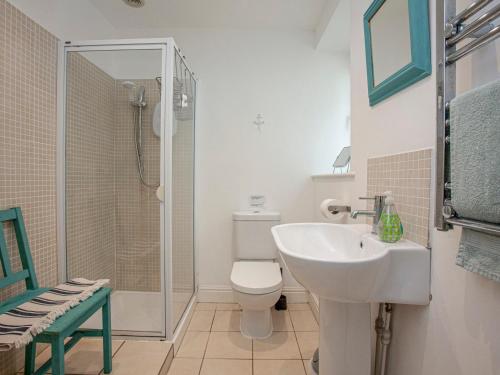 a bathroom with a sink and a toilet and a shower at Headland Cottages in Coverack
