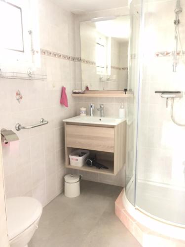 une salle de bain avec un lavabo, des toilettes et une douche dans l'établissement Le Tilburg, à Grandcamp-Maisy