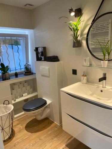 une salle de bain avec toilettes, lavabo et miroir dans l'établissement Bella Vita Maison de charme au design soigné, à Lorient