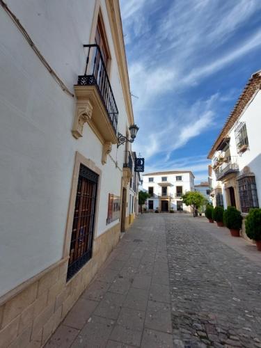 una calle adoquinada en un callejón entre dos edificios en Apartamento Artesanos Ronda, en Ronda