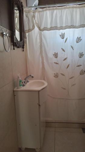 a bathroom with a sink and a shower curtain at Floma in Neuquén