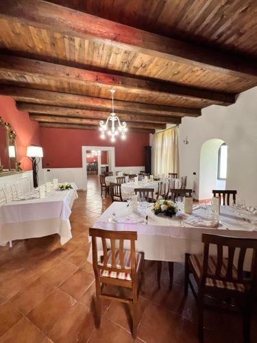 Stella Cilento的住宿－Relais Castello Vassallo，一间设有白色桌子和木制天花板的用餐室