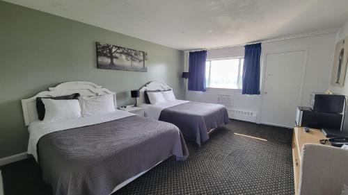 ein Hotelzimmer mit 2 Betten und einem Fenster in der Unterkunft Lord Nelson Motel in Kingston