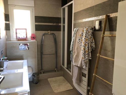 une salle de bain avec douche et lavabo dans l'établissement Charmante maison climatisée avec piscine privée, à Montauroux