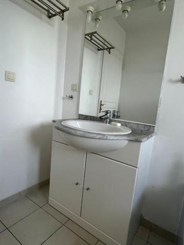 une salle de bain blanche avec un lavabo et un miroir dans l'établissement Villa La caroline 2, à Montpellier