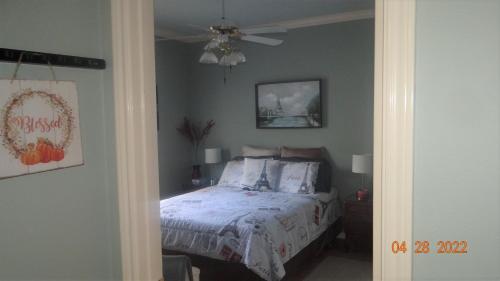 una camera con letto e ventilatore a soffitto di Joyful Quarters - Beautiful Spacious 1 Bedroom Apt a Houston