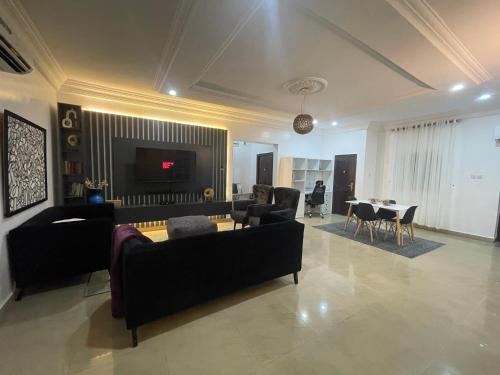 ein Wohnzimmer mit Sofas, einem TV und einem Tisch in der Unterkunft House Ire in Abuja