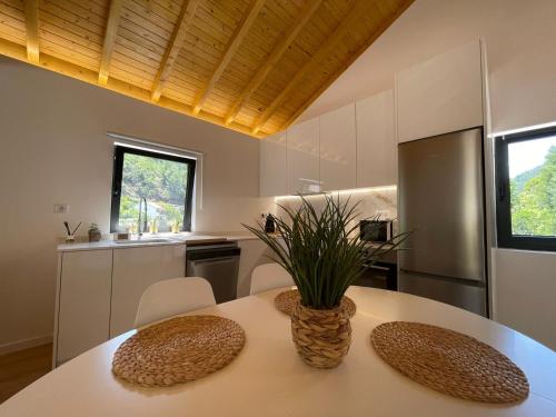 eine Küche mit einem Tisch und einer Vase darauf in der Unterkunft Teixeira Home - Gerês in Geres