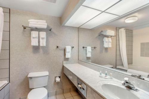 La salle de bains est pourvue d'un lavabo, de toilettes et d'un miroir. dans l'établissement Comfort Inn, à Huntingdon