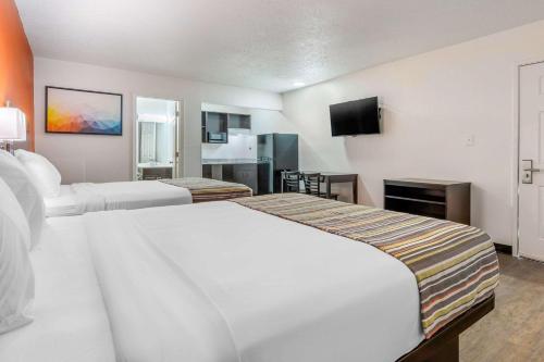 a hotel room with two beds and a television at Suburban Studios Spartanburg - I-26 in Spartanburg