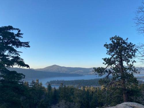 a view of a lake with trees and mountains at Cozy Bear Chateau -Beautiful Moonridge home nestled in the pines and birches in Big Bear Lake