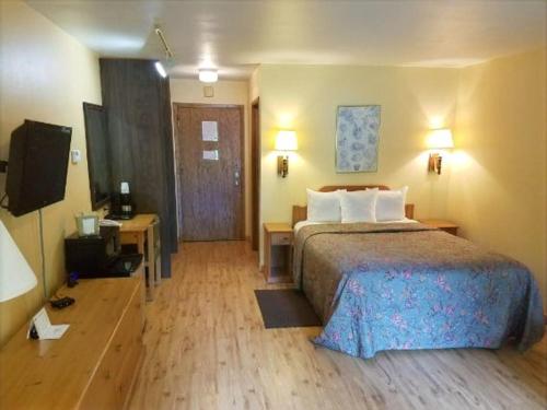 um quarto de hotel com uma cama e uma televisão em Holiday Acres Resort em Rhinelander