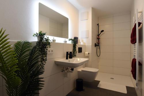 a bathroom with a sink and a toilet and a mirror at InHomeVision Neubau, Design, Balkon, Barrierefrei, WLAN in Markgröningen
