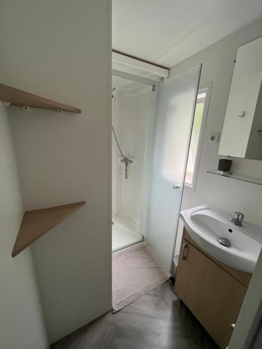 une salle de bain avec un lavabo, un miroir et une douche dans l'établissement Mobil home climatisé, à Lège-Cap-Ferret