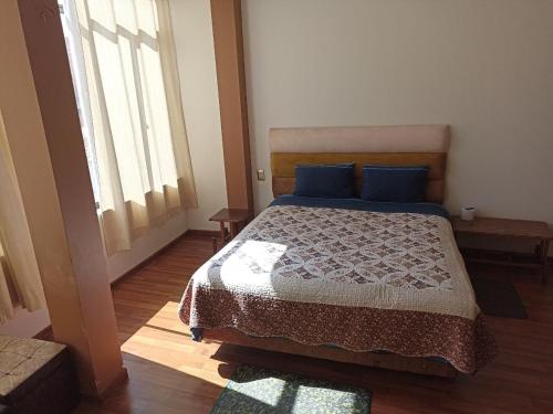 a bedroom with a bed with blue pillows at H.Espejo in Copacabana