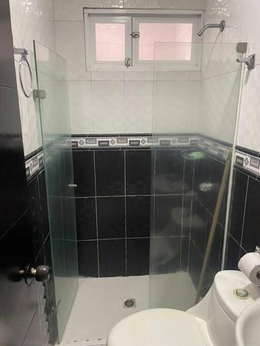 ein Bad mit einer Glasdusche und einem WC in der Unterkunft Apartamento 2 habitaciones in Barranquilla