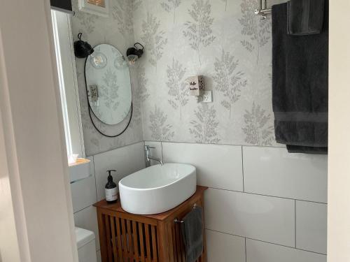 a bathroom with a sink and a mirror on the wall at Orange Tree Cottage - garden hideaway in Whanganui