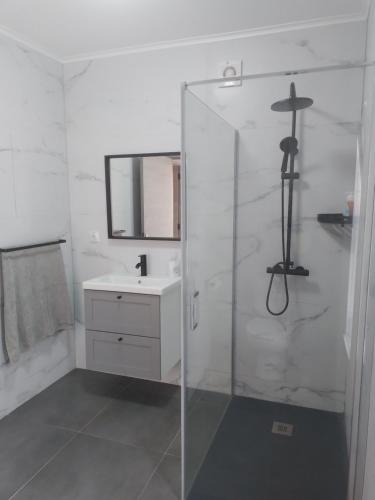 a bathroom with a glass shower and a sink at Casa Bidarta in Faja Grande