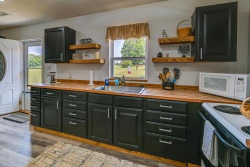 a kitchen with dark green cabinets and a sink at Charming Smiths Grove Home Near Cave Tours! in Smiths Grove