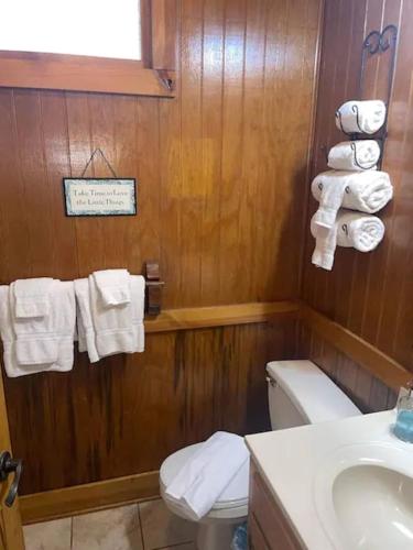 a bathroom with a toilet and a sink and towels at Cozy Cabin: River View with Hot Tub in Dahlonega